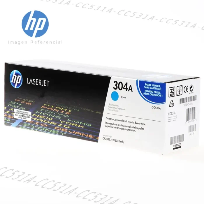 Tóner HP 304A Cian CC531A 2.800 Páginas, este cartucho está hecho para impresoras HP Color LaserJet CM2320, CP2025
