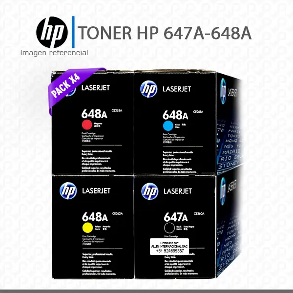 Kit Tóner HP 647A - 648A con códigos CE260A, CE261A, CE262A y CE263A para impresoras HP Color LaserJet CP4025, CP4520, CP4525