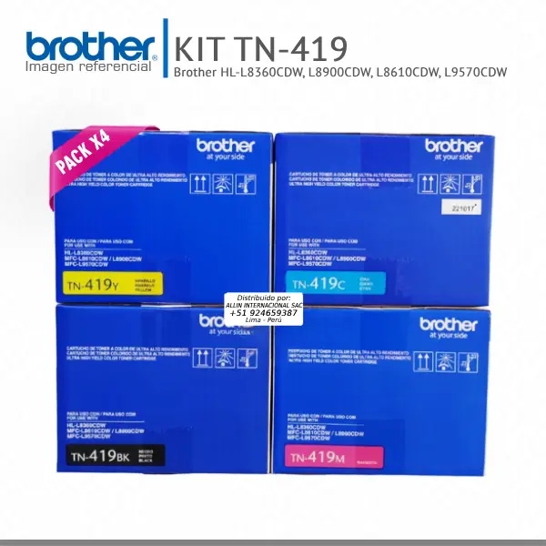 KIT DE TONER BROTHER TN-419 con códigos TN-419BK, TN-419C, TN-419Y, TN-419M Impresora: Brother HL-L8360CDW, MFC-L8900CDW, MFC-L8610CDW, MFC-L9570CDW