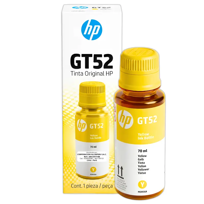 Botella de Tinta HP GT52 Amarillo Original 70ml Botella de tinta HP GT52 amarillo M0H56AL 70ml vista frontal