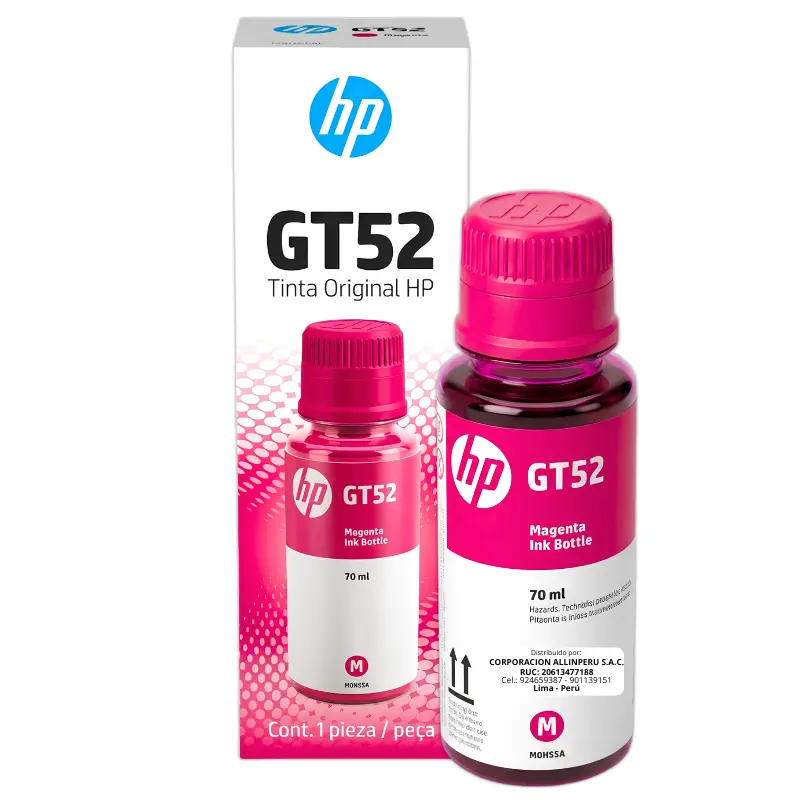 Botella de Tinta HP GT52 Magenta Original 70ml Botella de tinta HP GT52 magenta M0H55AL 70ml vista frontal