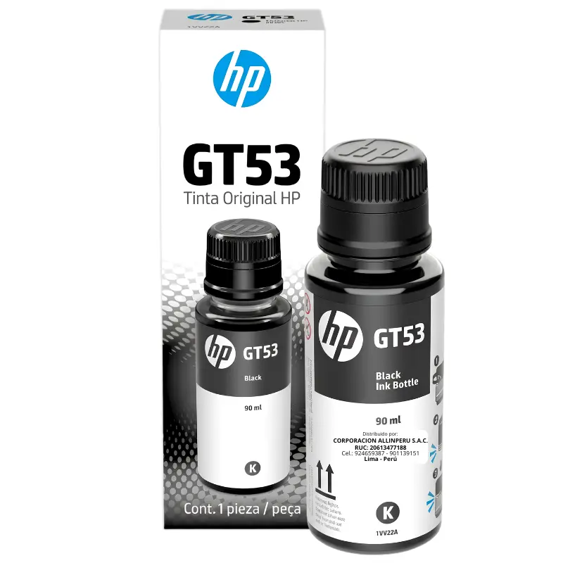 Botella de Tinta HP GT53 Negro Original 90ml Botella de tinta HP GT53 negro 1VV22AL 90ml vista frontal