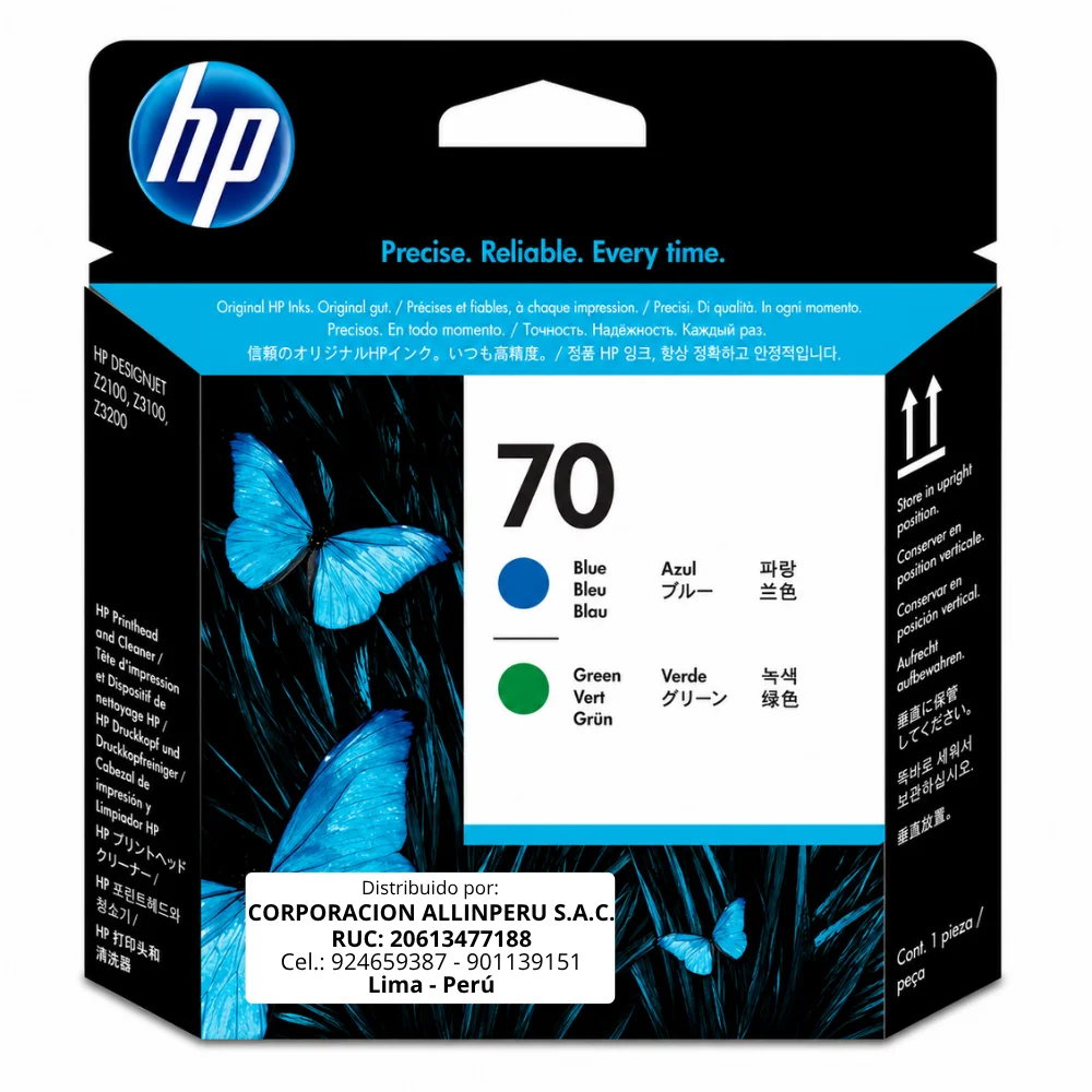 Foto de cabezal HP 70 azul y verde C9408A original vista frontal