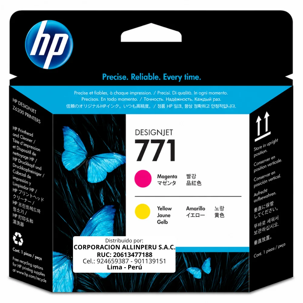 Foto de cabezal HP 771 magenta amarillo CE018A original vista frontal