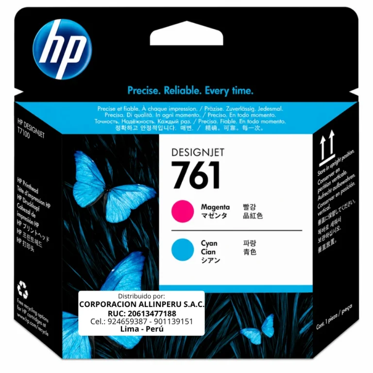 Foto de cabezal HP 761 CH646A magenta cian original de frente