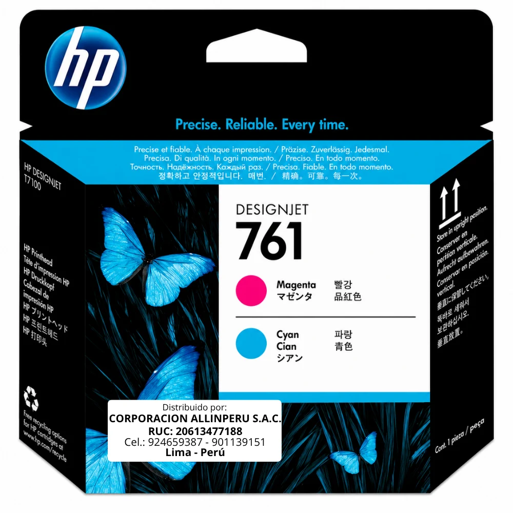 Foto de cabezal HP 761 CH646A magenta cian original de frente