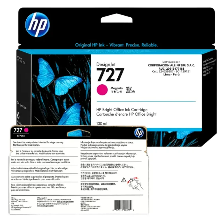 Foto de caja sellada tinta HP 727 magenta B3P20A AllinPerú