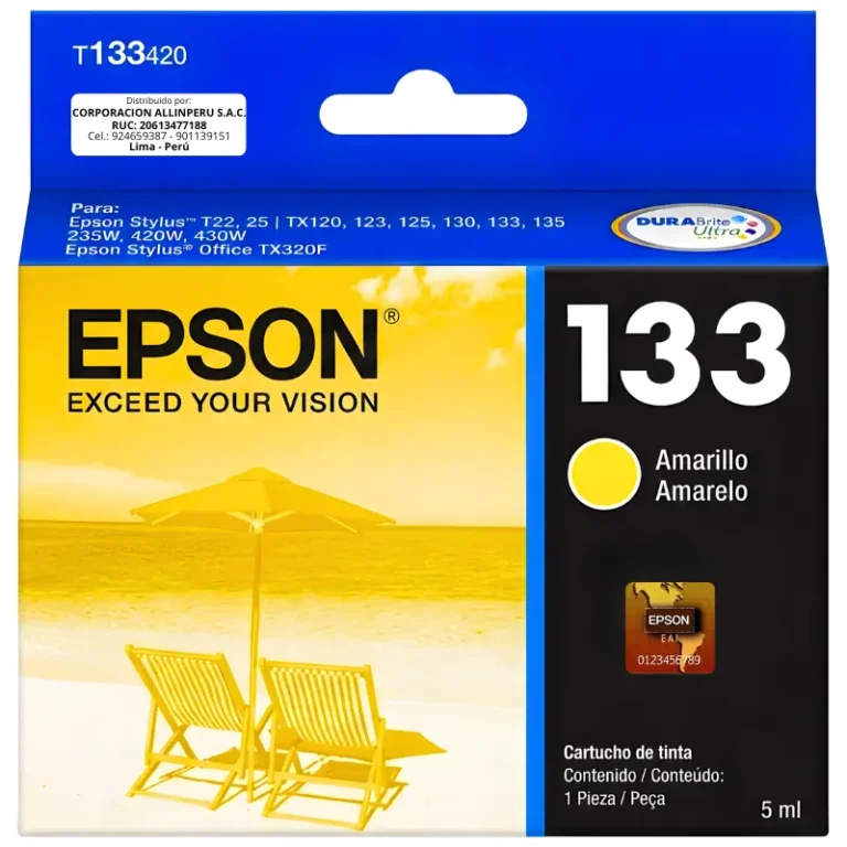 Cartucho Epson 133 amarillo original T133420 sellado sobre fondo blanco