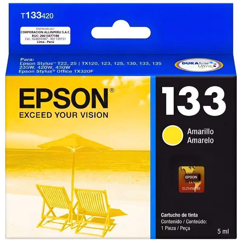 Cartucho Epson 133 amarillo original T133420 sellado sobre fondo blanco
