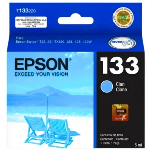 Cartucho Epson 133 cyan original T133220 sellado sobre fondo blanco