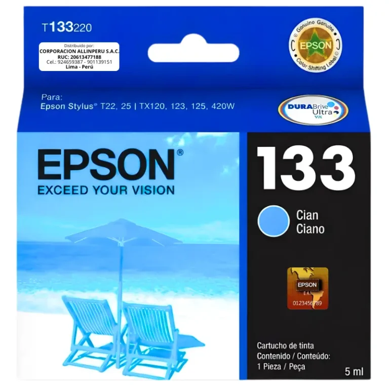 Cartucho Epson 133 cyan original T133220 sellado sobre fondo blanco