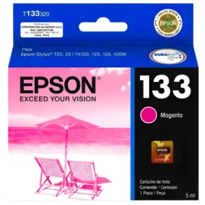 Cartucho Epson 133 magenta original T133320 sellado sobre fondo blanco
