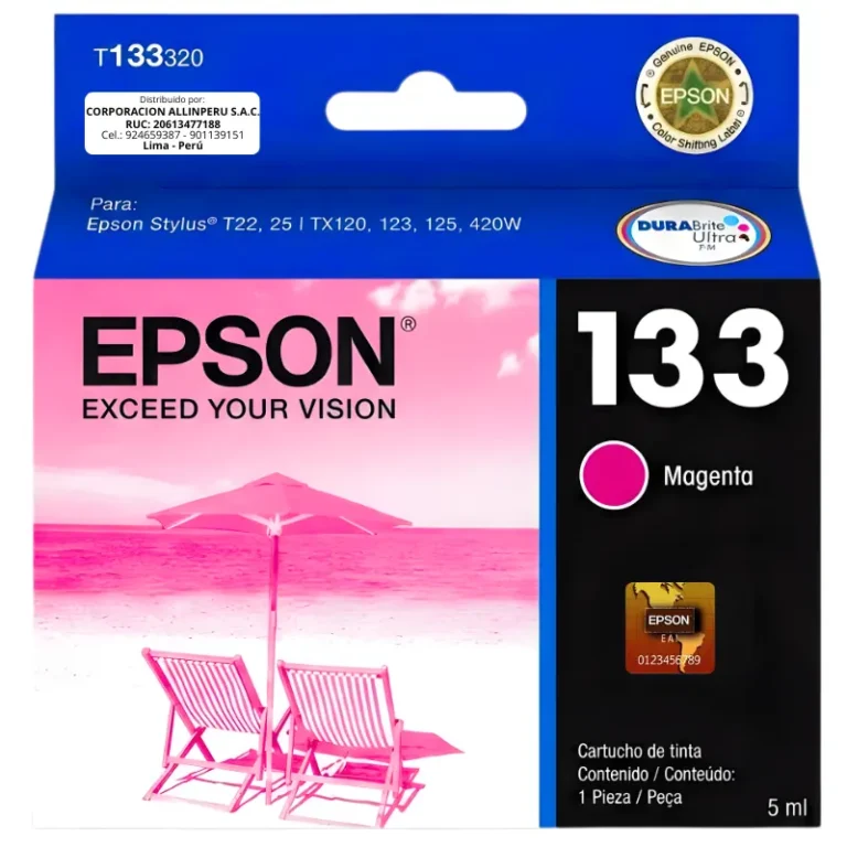 Cartucho Epson 133 magenta original T133320 sellado sobre fondo blanco
