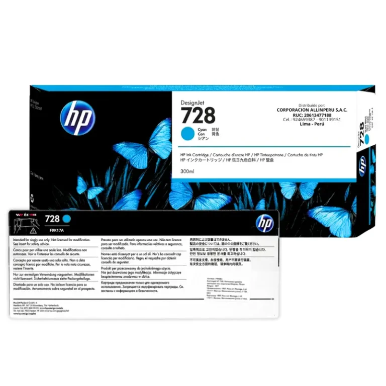 Foto de tinta HP 728 cian instalada en DesignJet T730