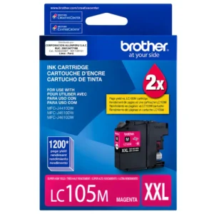Tinta Brother LC105M magenta original de frente sobre fondo blanco