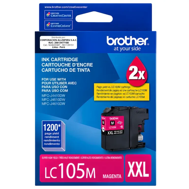 Tinta Brother LC105M magenta original de frente sobre fondo blanco