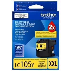 Tinta Brother LC105Y amarillo original de frente sobre fondo blanco