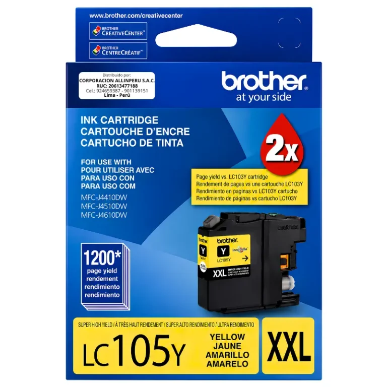 Tinta Brother LC105Y amarillo original de frente sobre fondo blanco