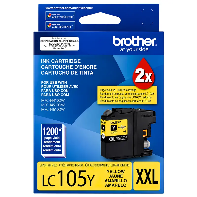 Tinta Brother LC105Y amarillo original de frente sobre fondo blanco