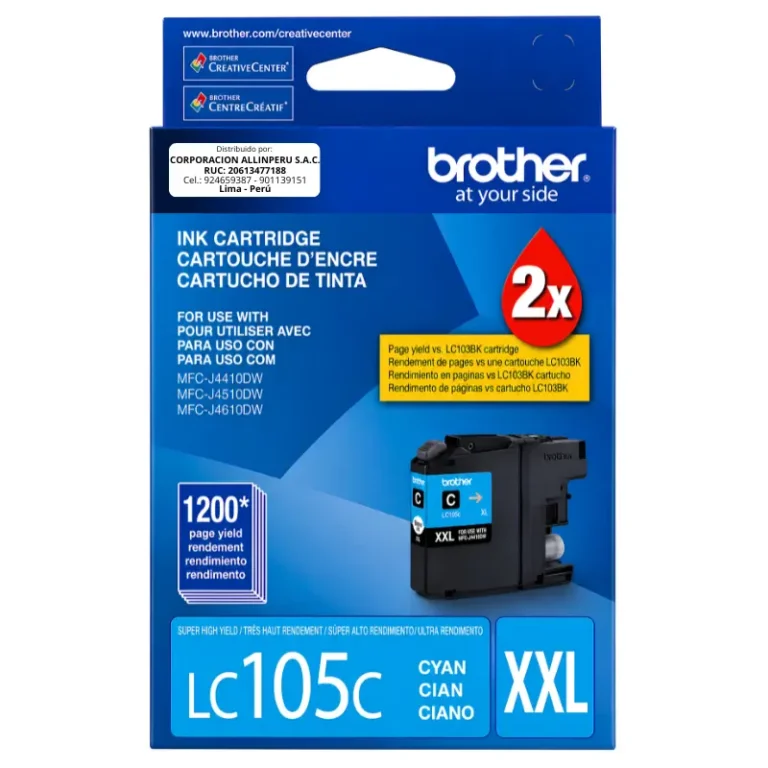 Tinta Brother LC105C cian original de frente sobre fondo blanco