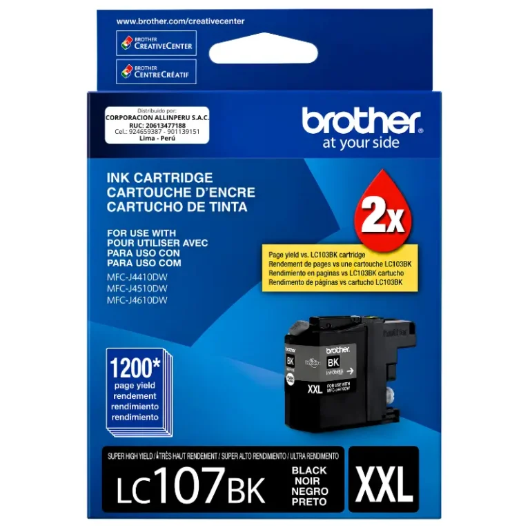Tinta Brother LC107BK negro original de frente sobre fondo blanco