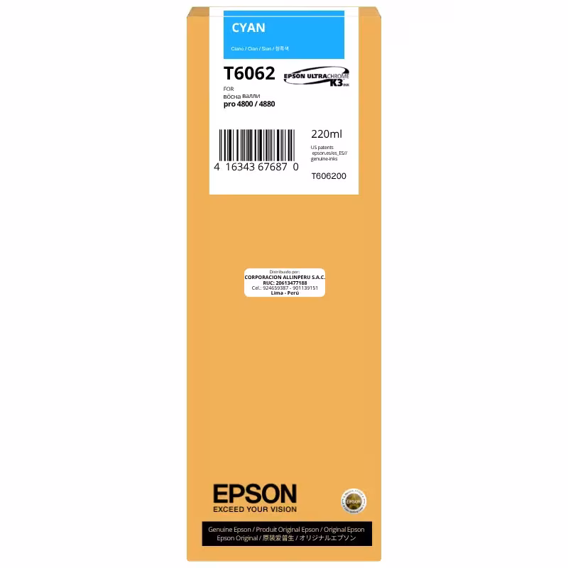 Tinta Epson T6062 Cyan 220ml UltraChrome K3 original sellada de fábrica