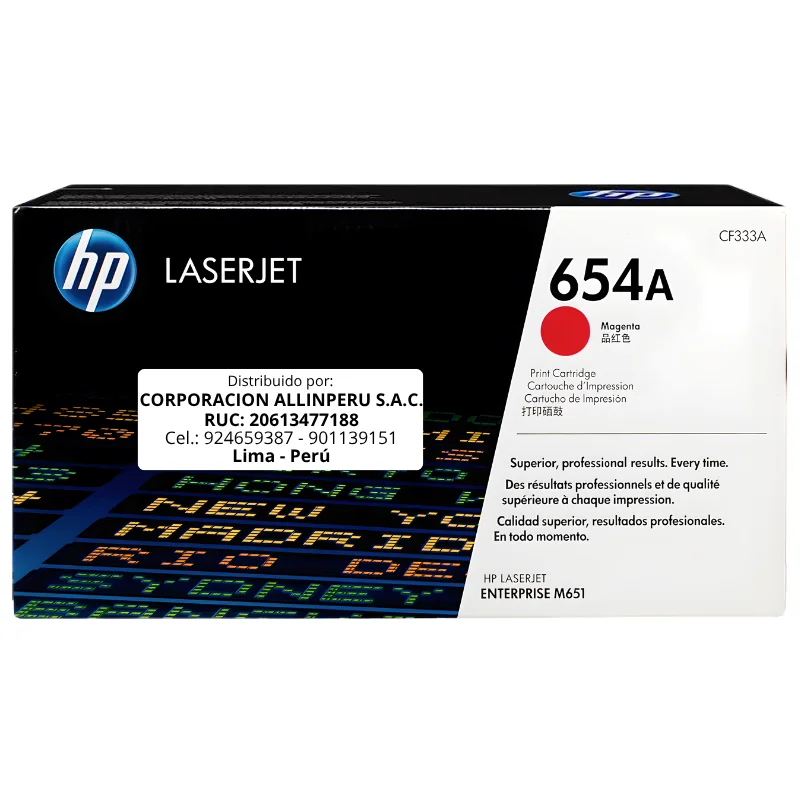 Foto de tóner HP 654A magenta CF333A original, vista frontal del cartucho