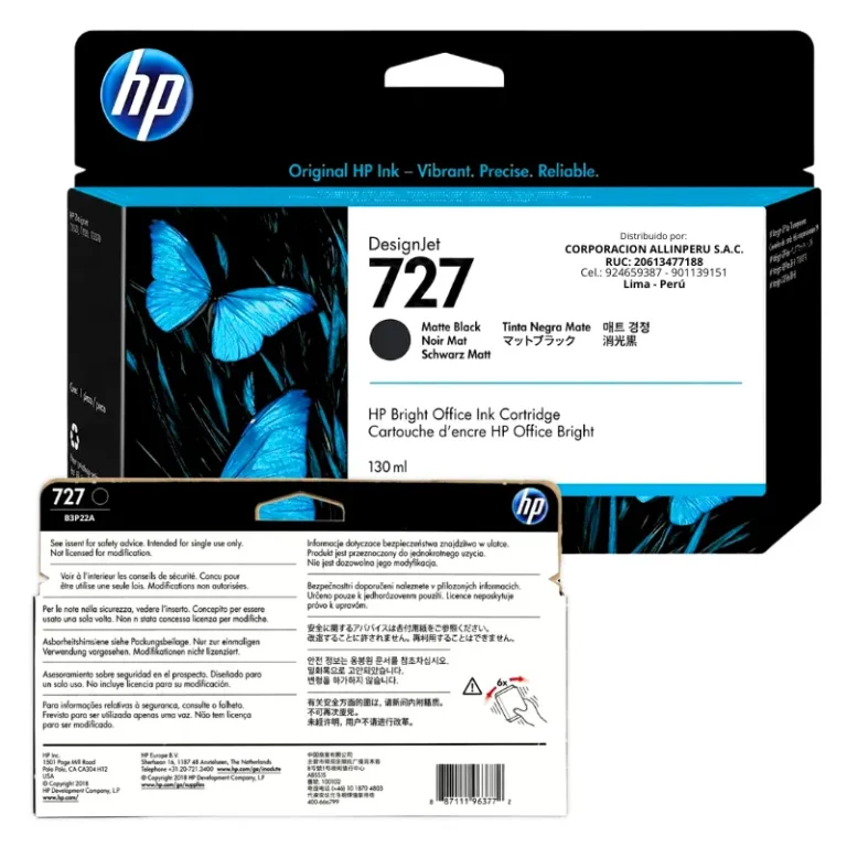 Foto de etiqueta original tinta HP 727 negro mate B3P22A