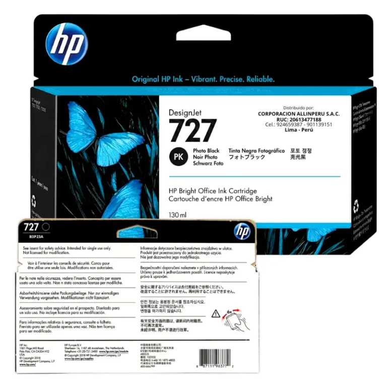 Foto de etiqueta original tinta HP 727 negro fotográfico B3P23A