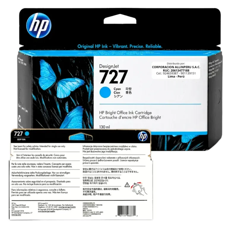 Foto de etiqueta original tinta HP 727 cian B3P19A
