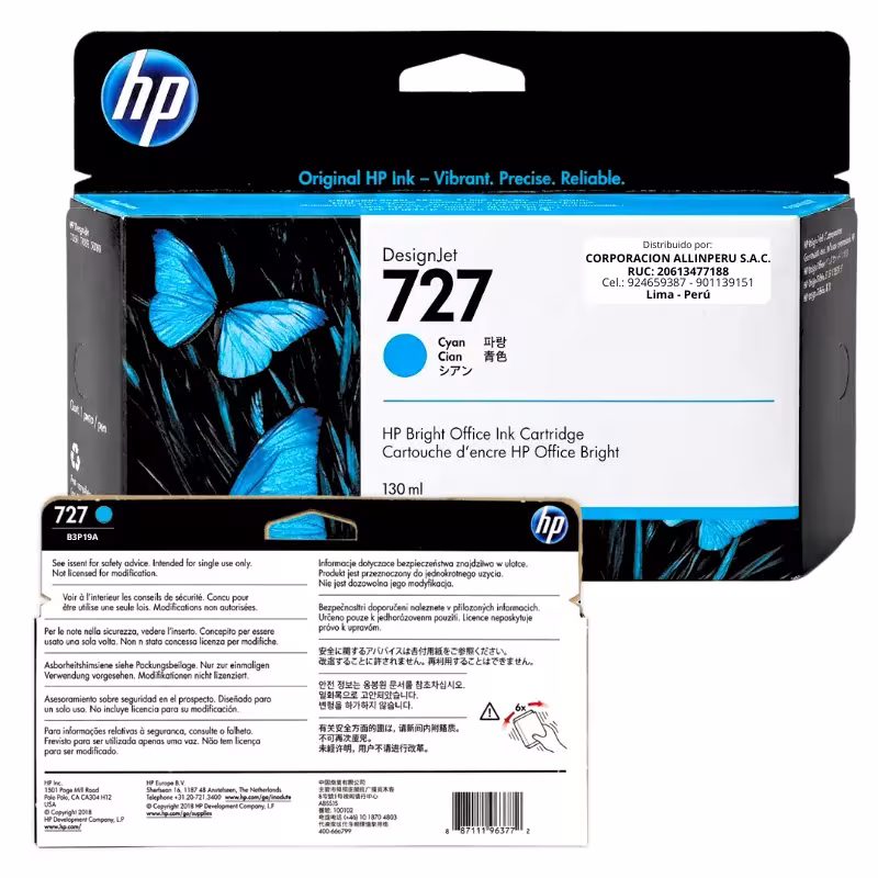 Foto de etiqueta original tinta HP 727 cian B3P19A