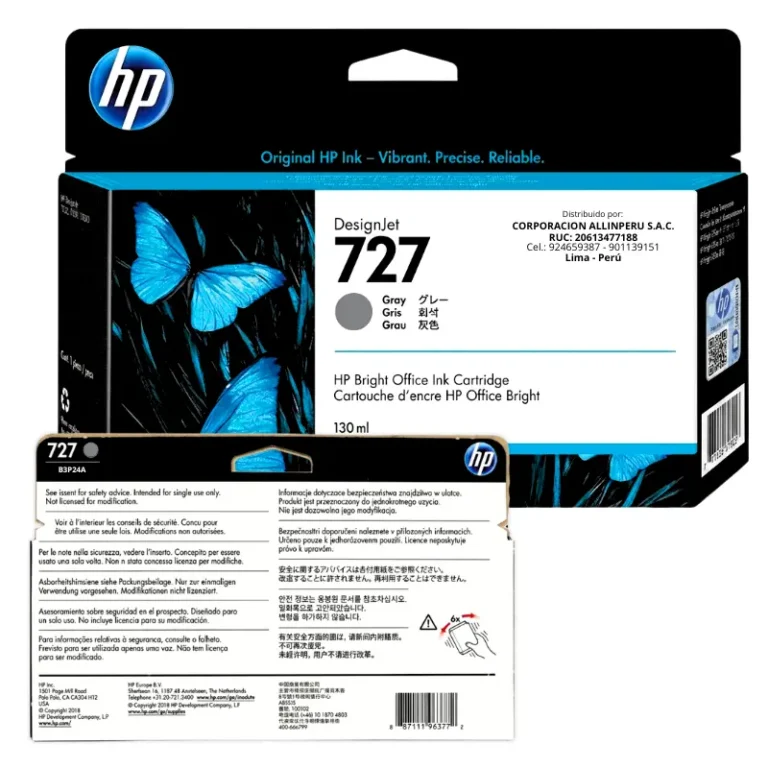 Foto de etiqueta original tinta HP 727 gris B3P24A