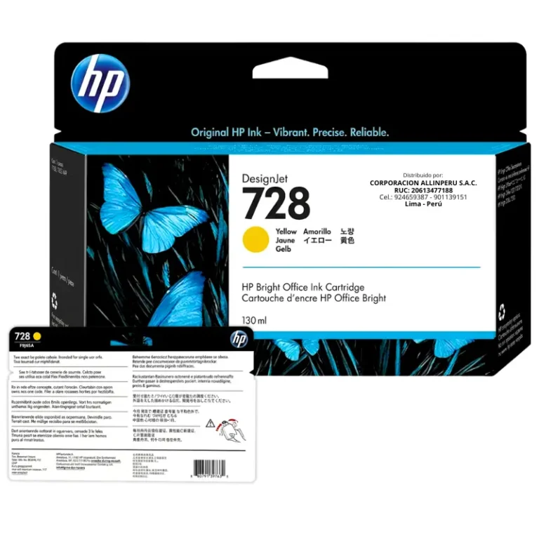 Foto de etiqueta tinta HP 728 amarillo código F9J65A