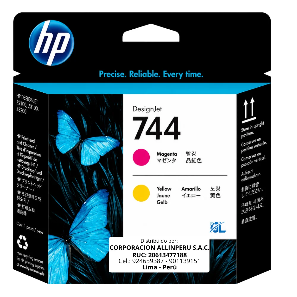 Foto de cabezal HP 744 magenta amarillo F9J87A original vista frontal