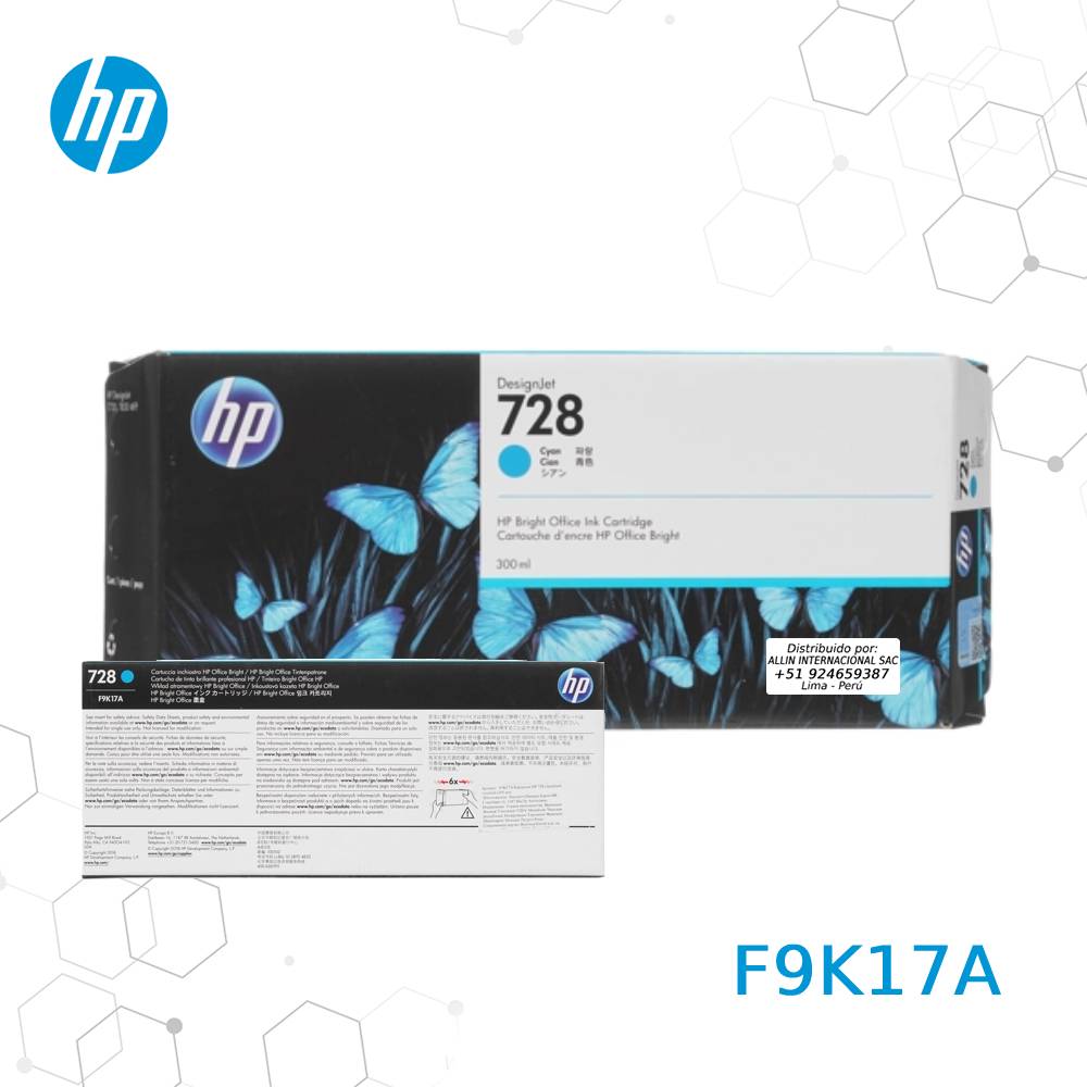 F9K17A.jpg Cartucho de Tinta HP 728 Cyan F9K17A, 300-Ml - Imagen 1