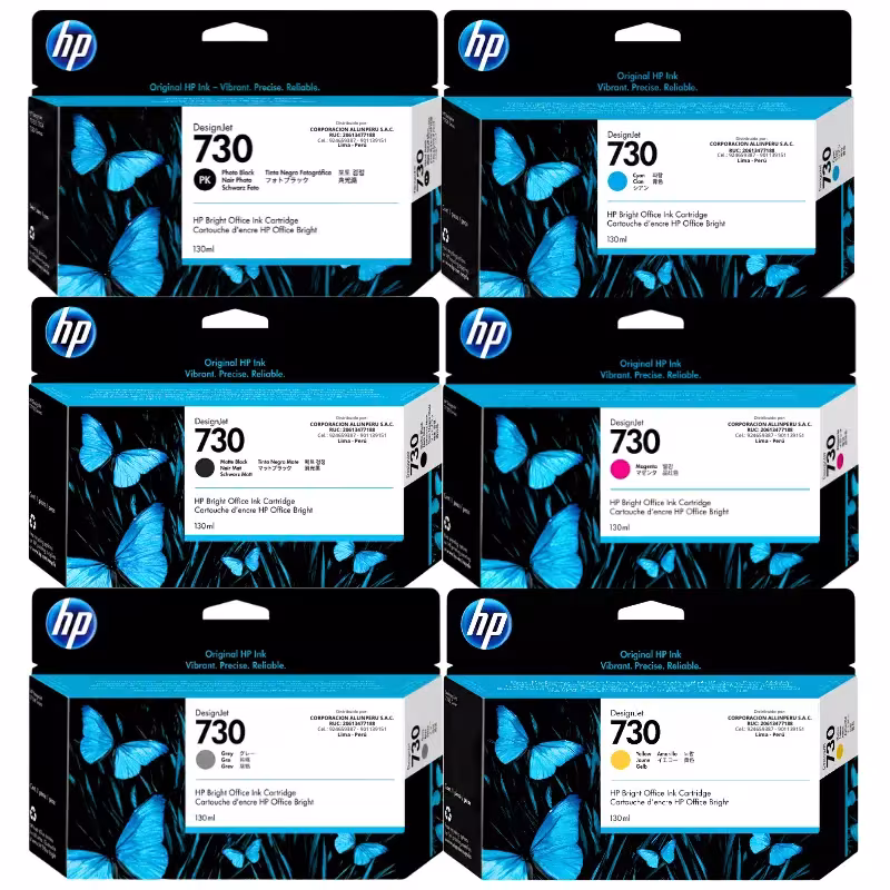 Kit tinta HP 730 130ml original con sus 6 cartuchos de colores