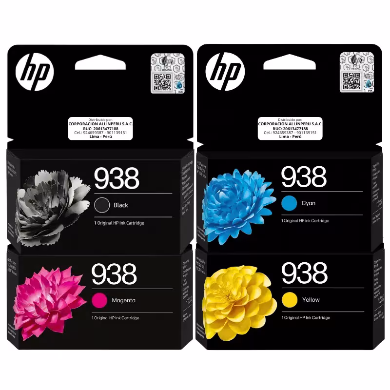 Kit tinta original HP 938 CMYK cuatro cartuchos sobre fondo blanco