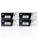 Foto de Kit Toner HP 230X cuatro cartuchos negro cian amarillo magenta sobre fondo blanco