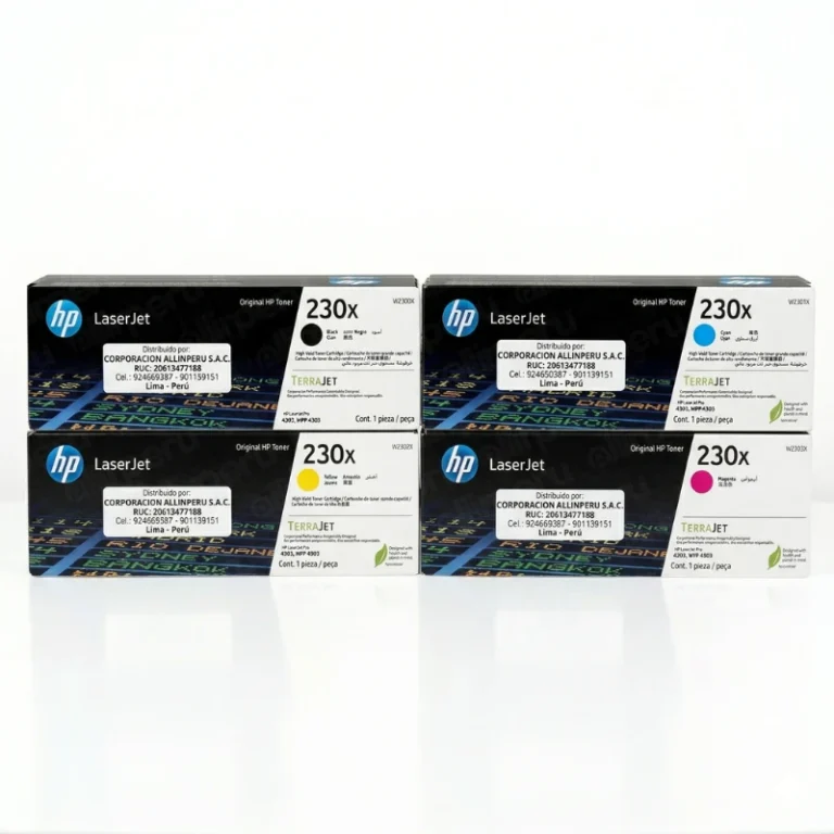 Foto de Kit Toner HP 230X cuatro cartuchos negro cian amarillo magenta sobre fondo blanco