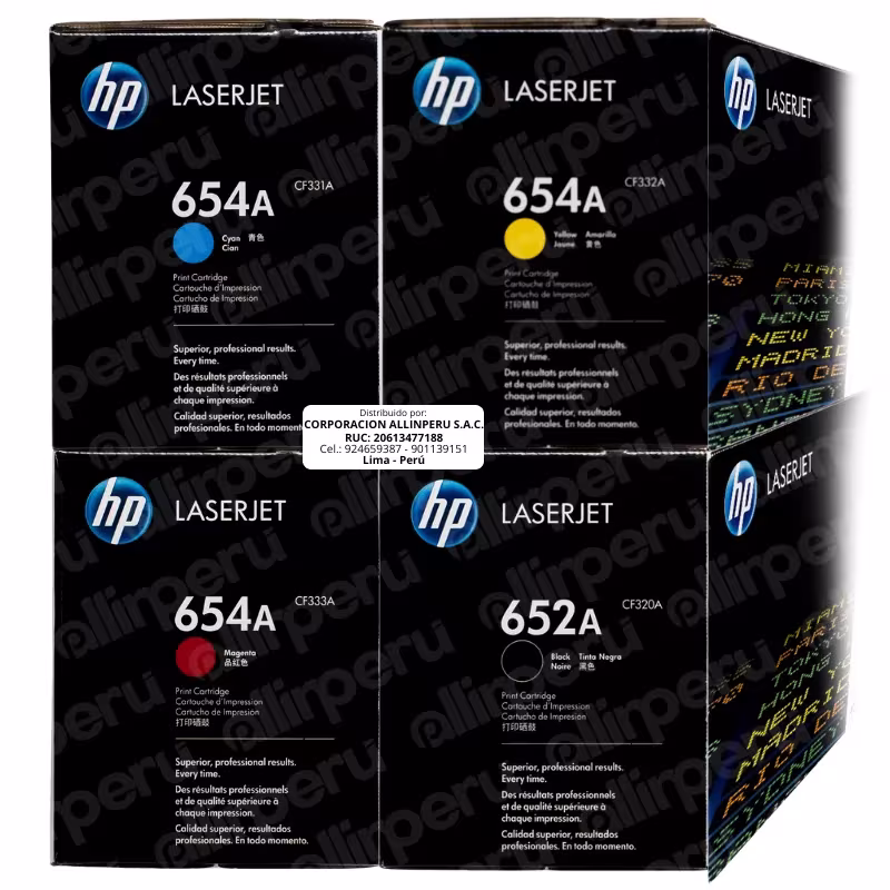 Foto de kit de tóner HP 652A 654A CMYK con los cuatro cartuchos originales en vista frontal