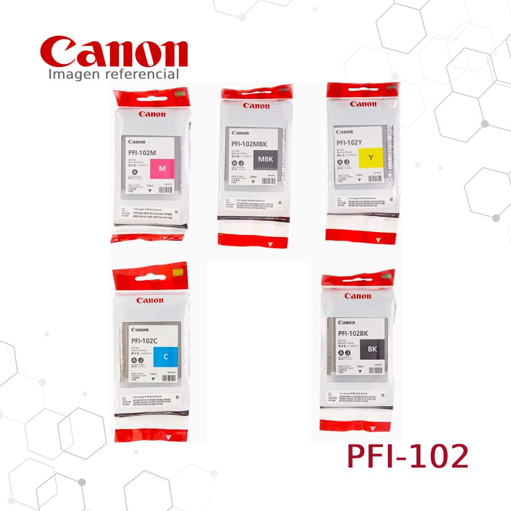 Cartucho de Tinta Canon Pack PFI-102 Negro Matte, Negro, Cyan, Yellow, Magenta 130ML