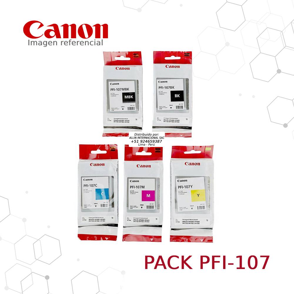 PACK-PFI-107.jpg Cartucho de Tinta Canon PFI-107 Pack Negro Matte, Negro, Cyan, Yellow, Magenta 130 ML - Imagen 1