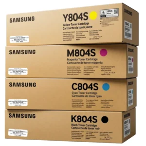 Cuatro cartuchos Samsung CLT-804S alineados por color negro cian magenta amarillo