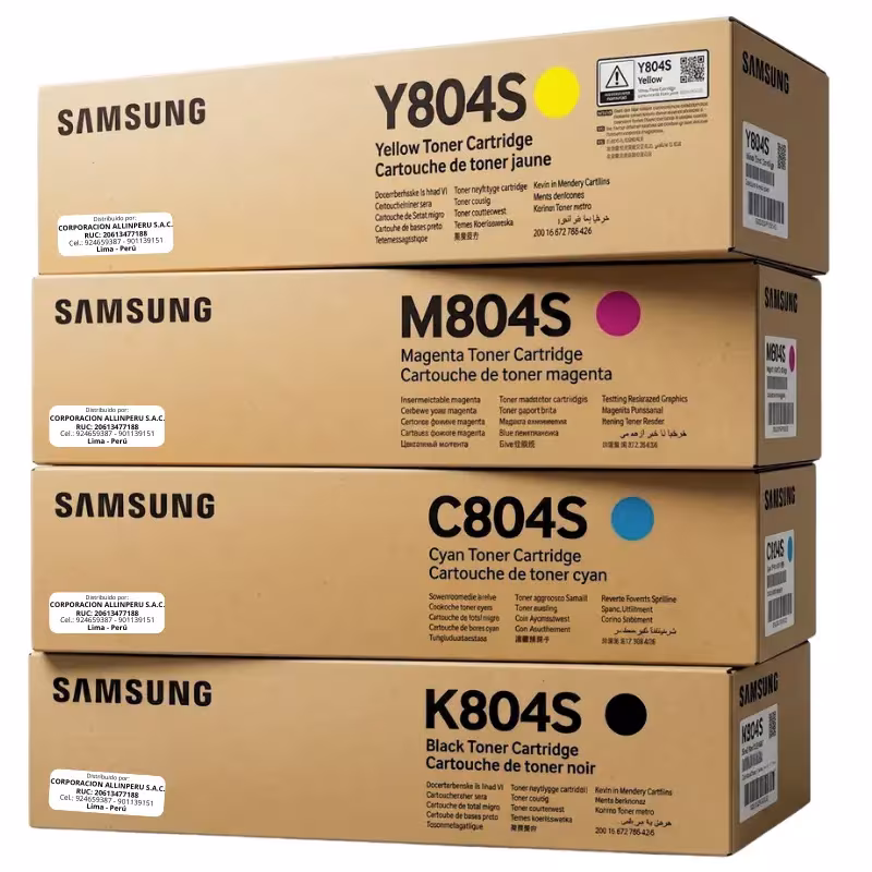 Cuatro cartuchos Samsung CLT-804S alineados por color negro cian magenta amarillo