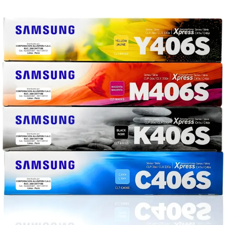 Toner Samsung CLT-406S pack original 4 colores CMYK sobre fondo blanco