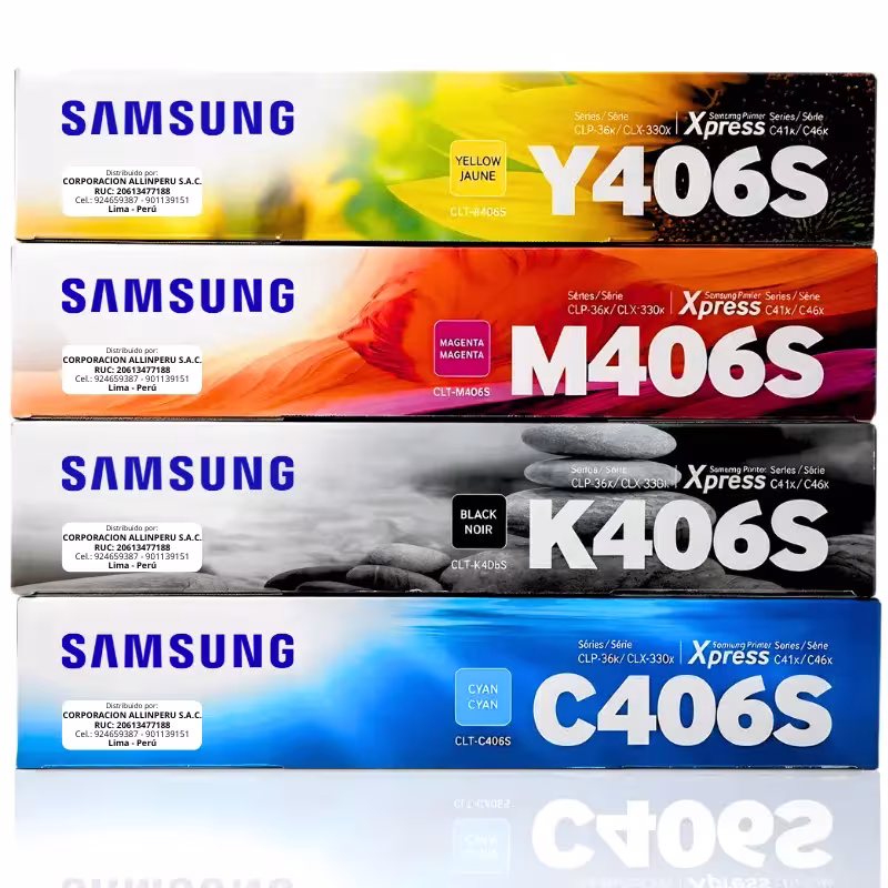 Toner Samsung CLT-406S pack original 4 colores CMYK sobre fondo blanco