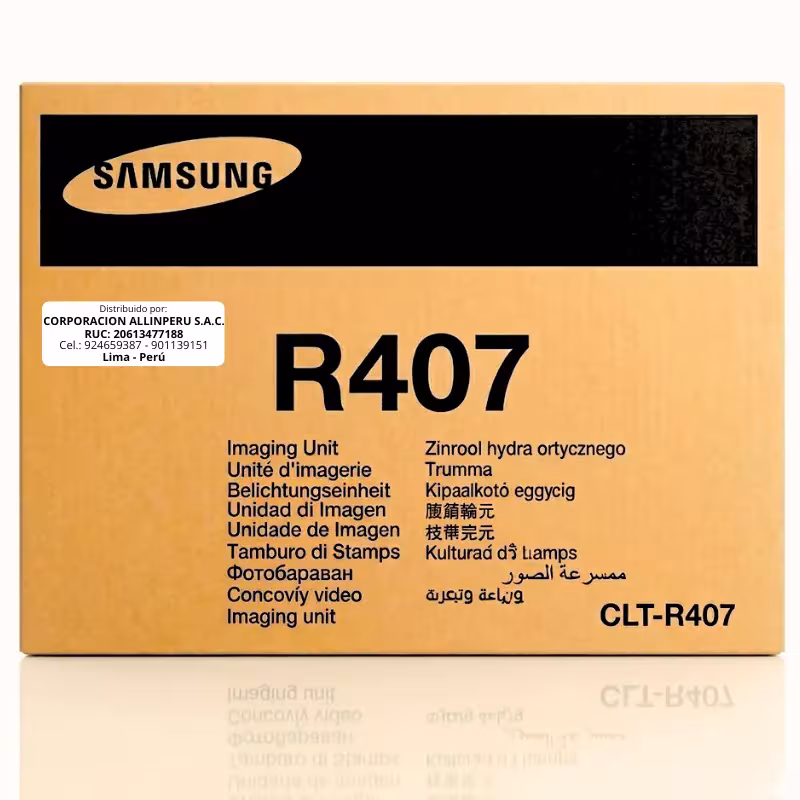 Tambor Samsung CLT-R407 negro original sellado sobre fondo blanco