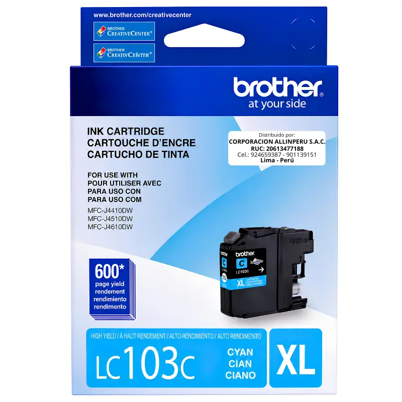 Foto de tinta Brother LC103C cian original vista frontal