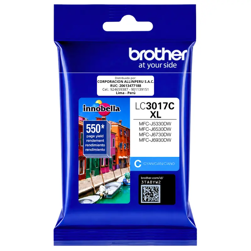 Tinta Brother LC3017C cian alto rendimiento vista frontal