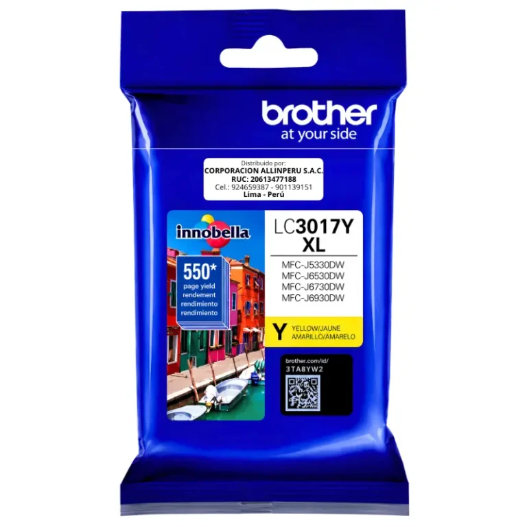 Tinta Brother LC3017Y amarillo alto rendimiento vista frontal